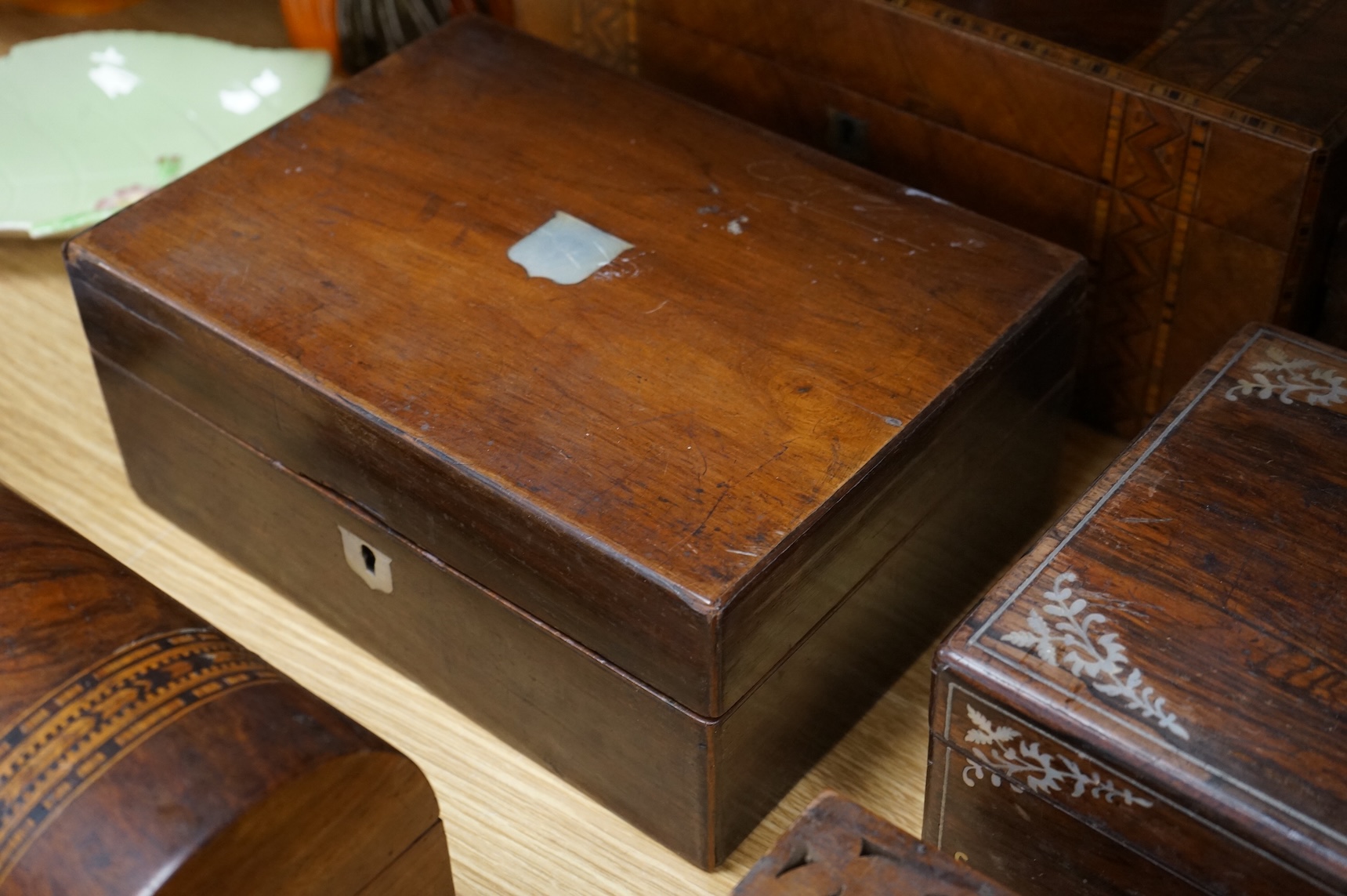 A collection of 19th and 20th century writing, stationery, tea caddies and painting boxes, largest 34.5cm wide (10)